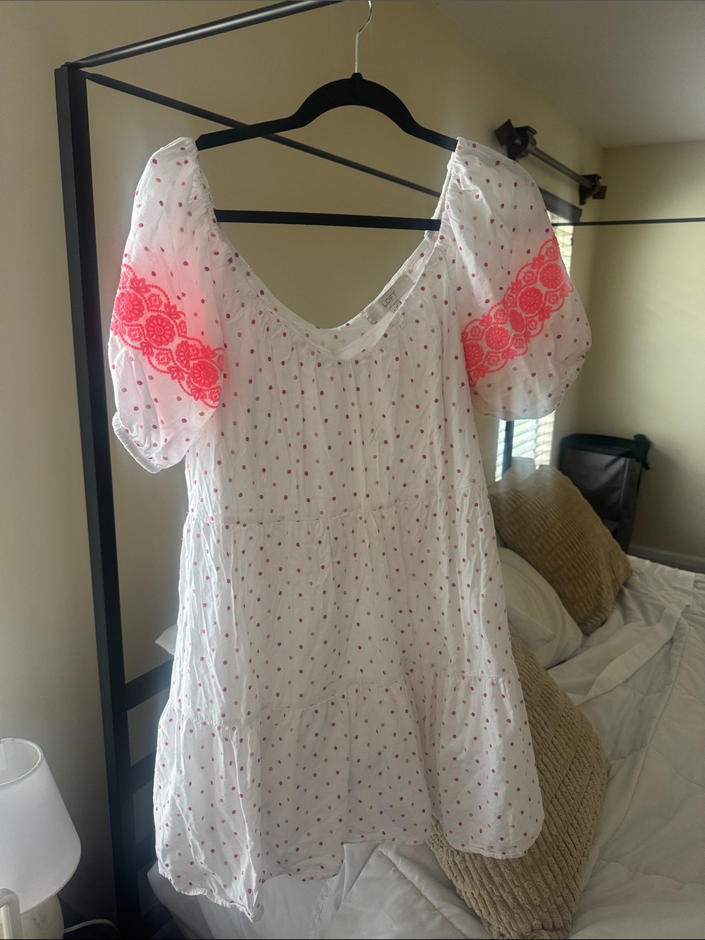 LOFT White Mini Dress with Pink and Orange Dot Embroidery